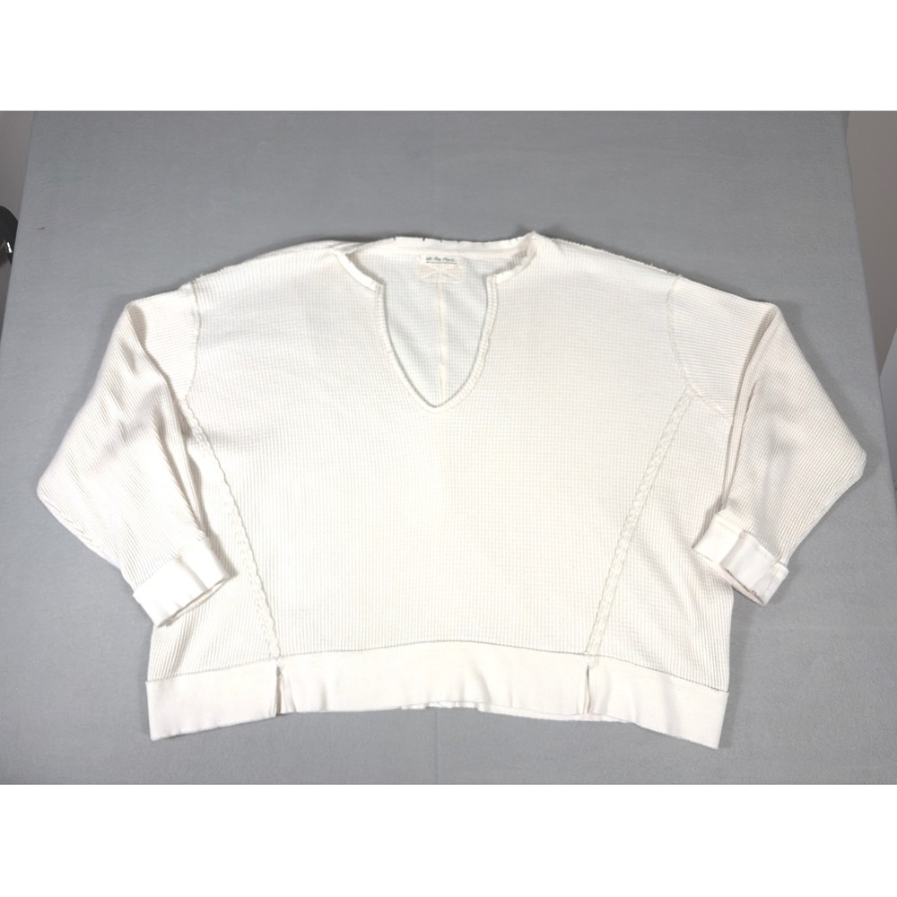 We The Free People Ivory Waffle Knit Thermal Notched V-Neck Oversized Top Large